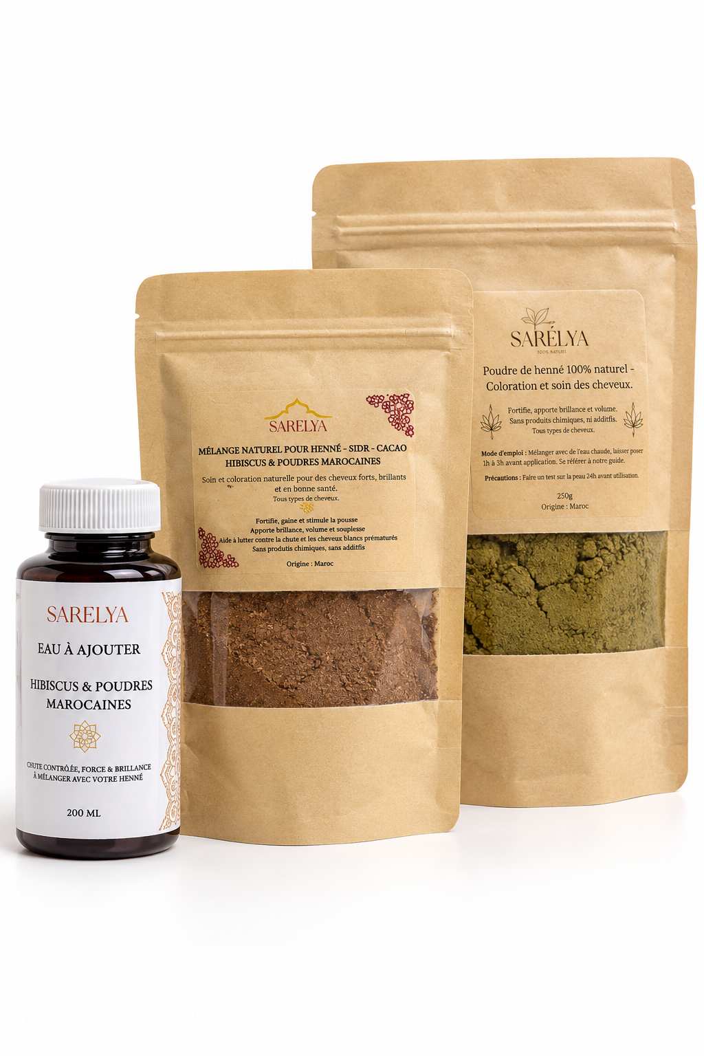 L’Or du Maroc – Henné & Bouteille infusion Hibiscus & mélange de Poudres marocaines