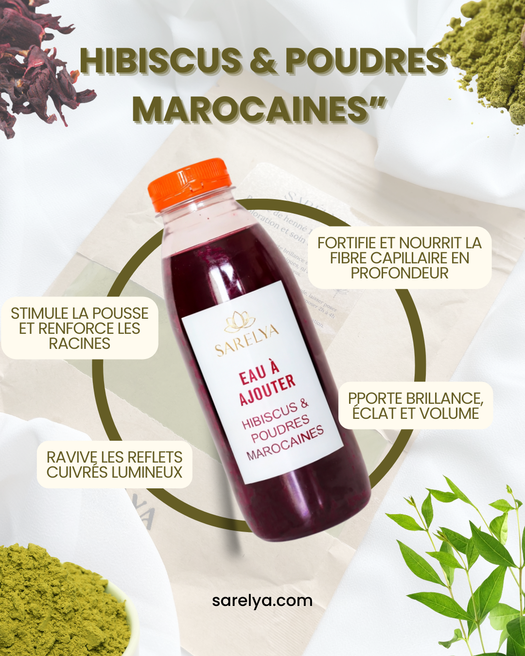 L’Or du Maroc – Henné & Bouteille infusion Hibiscus & mélange de Poudres marocaines