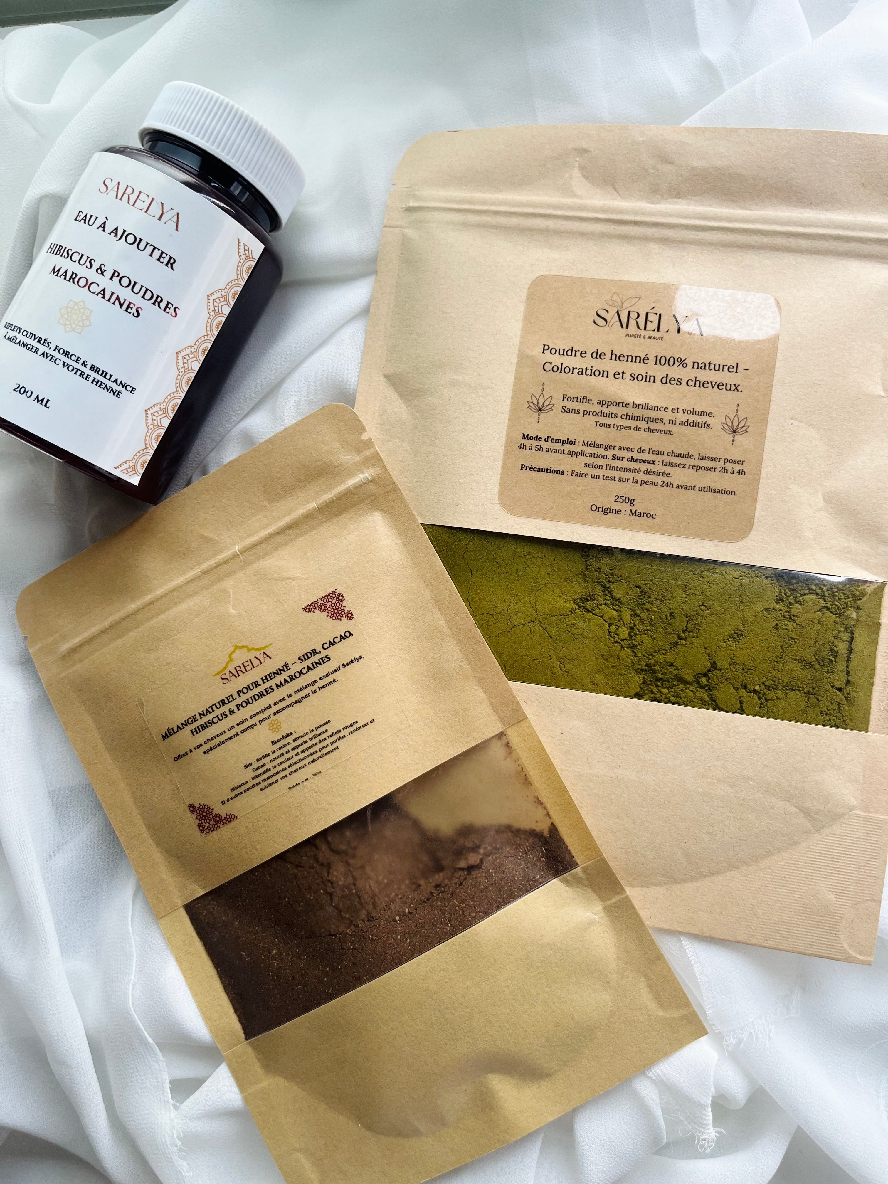 L’Or du Maroc – Henné & Bouteille infusion Hibiscus & mélange de Poudres marocaines