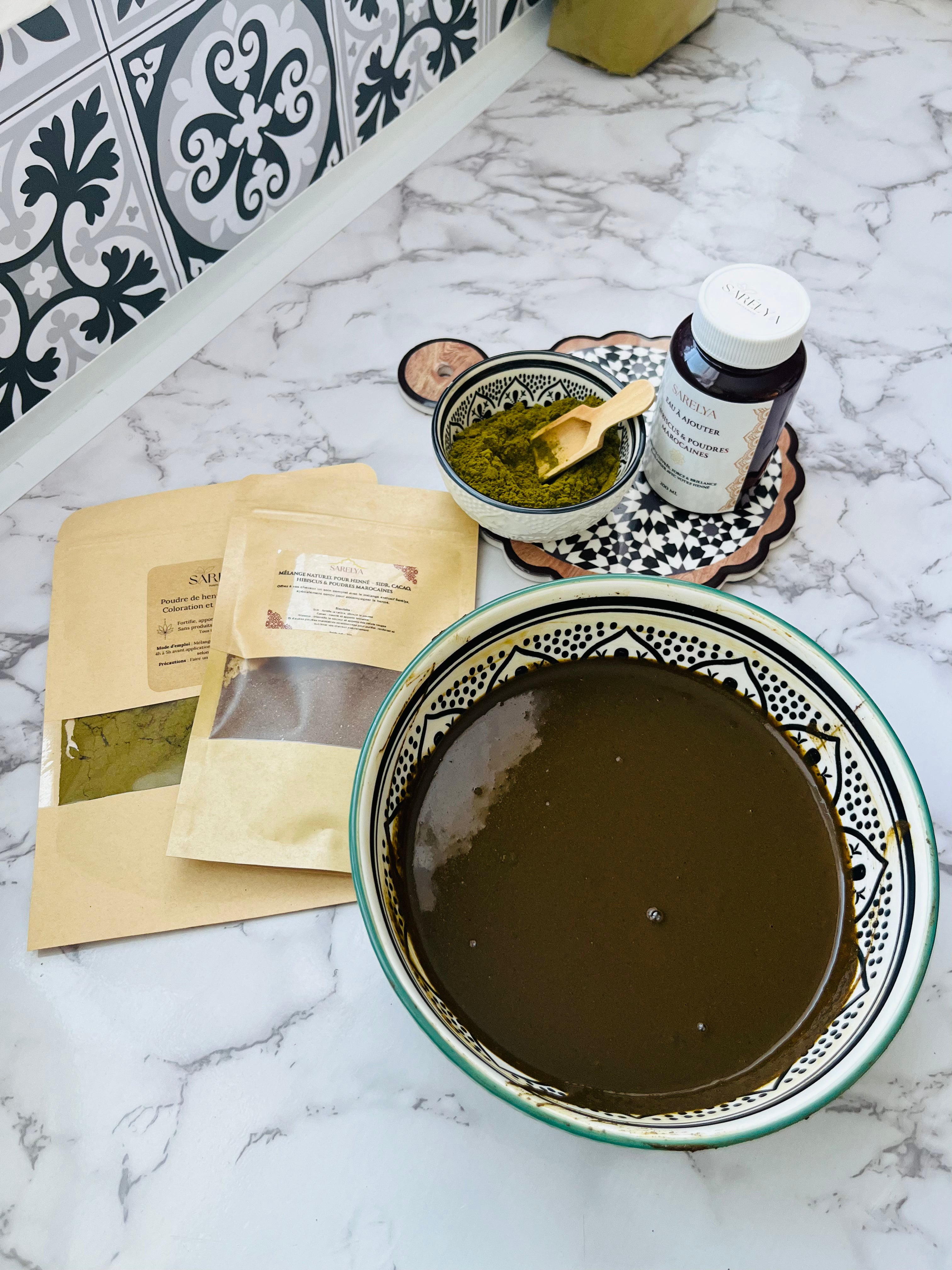 L’Or du Maroc – Henné & Bouteille infusion Hibiscus & mélange de Poudres marocaines