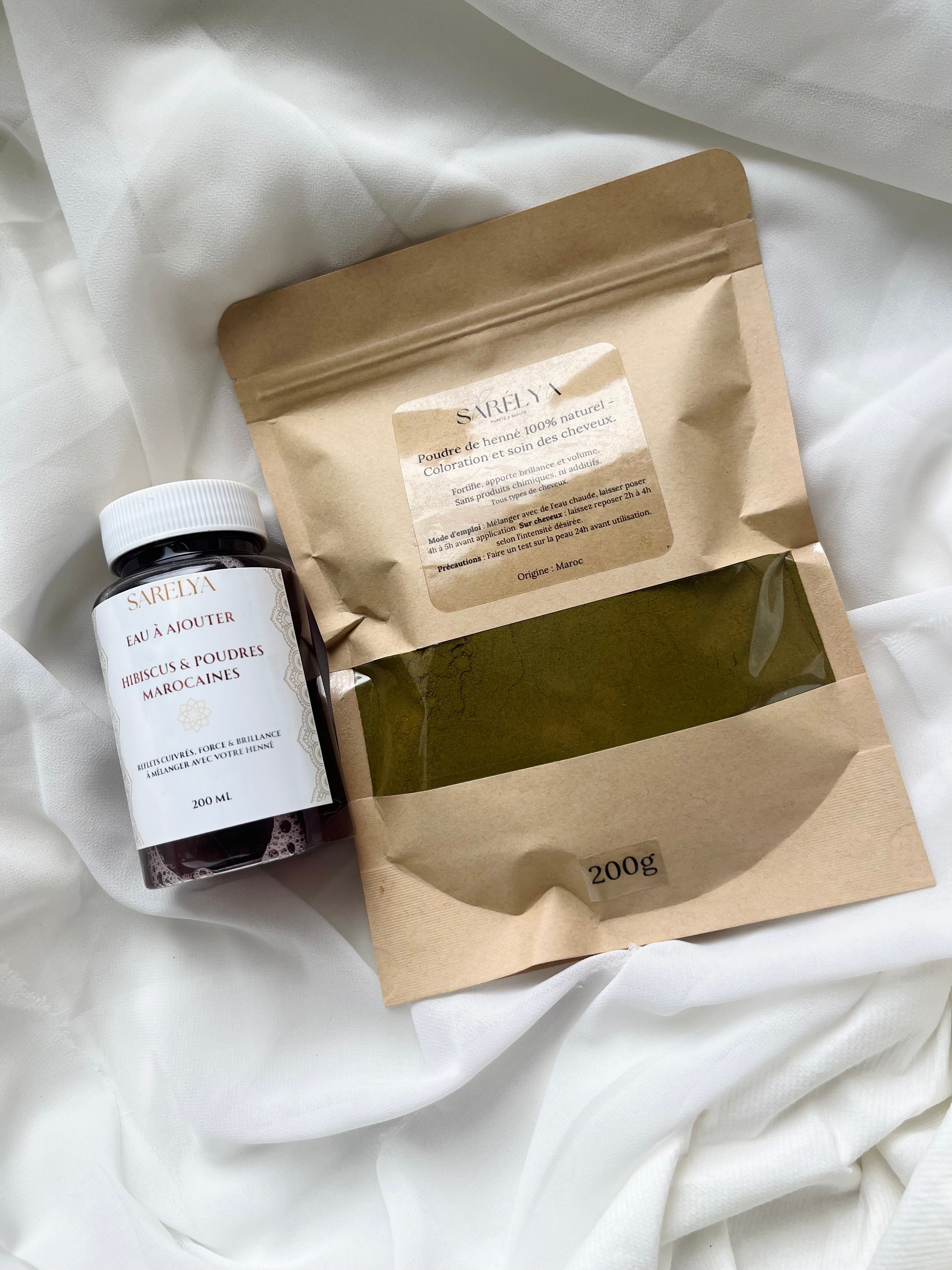 L’Or du Maroc – Henné & Bouteille infusion Hibiscus & mélange de Poudres marocaines
